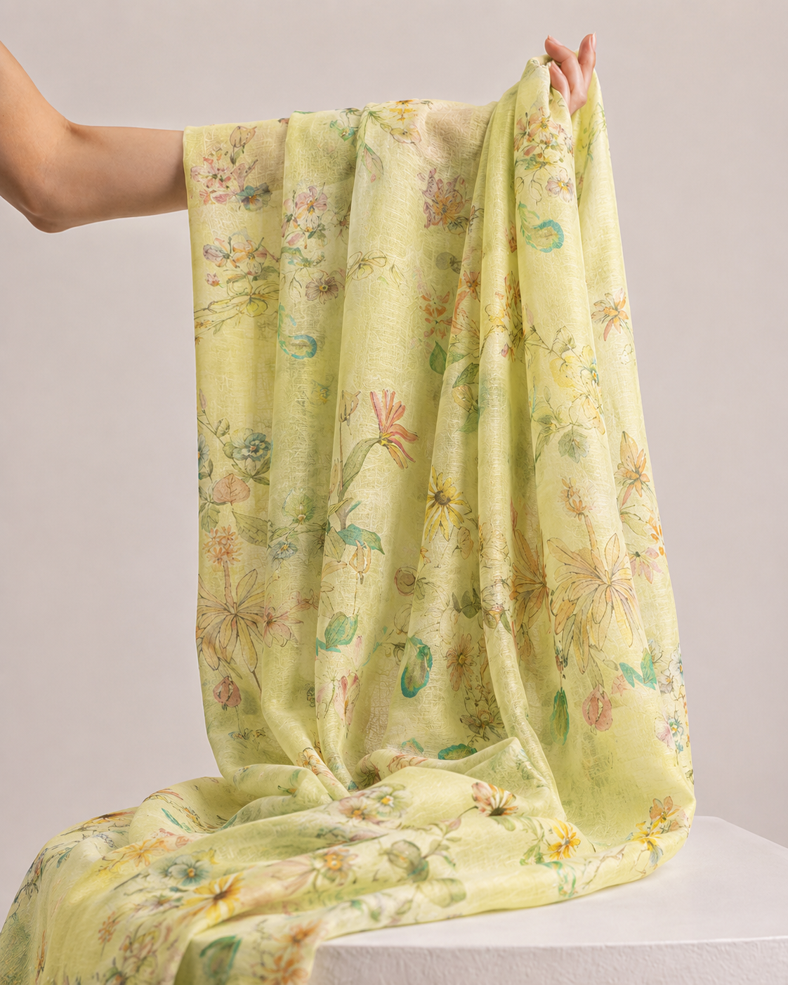Lime Green Printed Mul Fabric