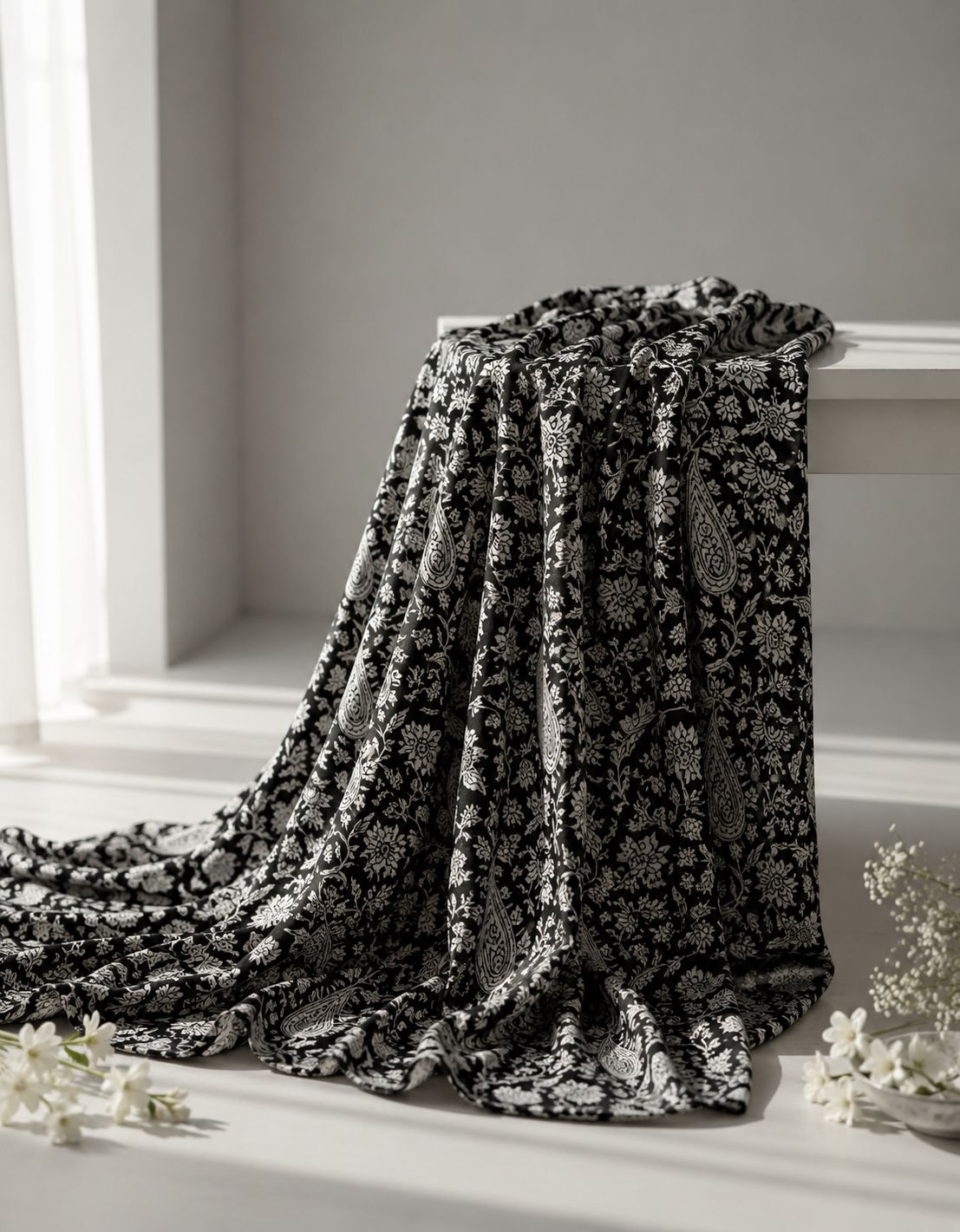 Black Chanderi Silk Fabric With Hand Block Print