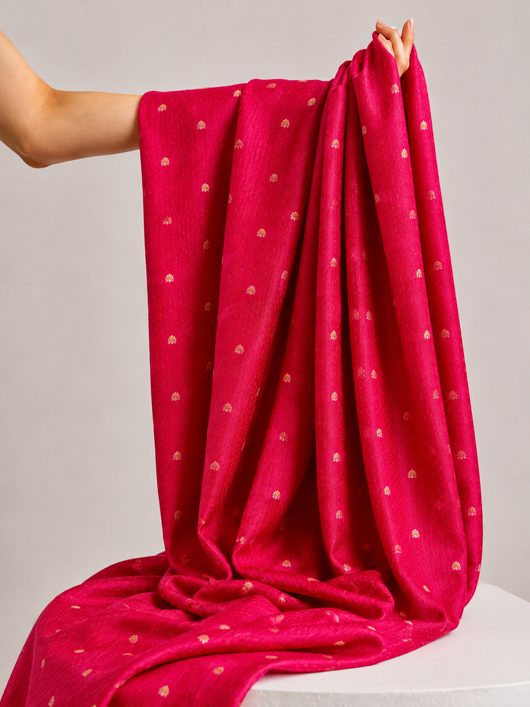 Rani Pink Soft Silk Fabric with Textured Weave & Gold Zari Bootis