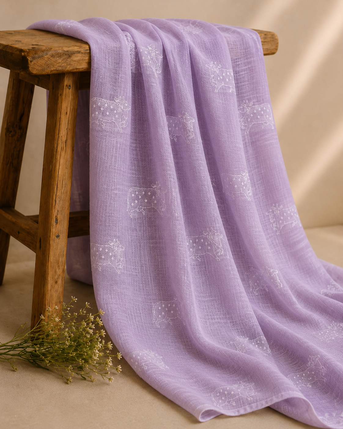 Lavender Silk Linen Fabric With Nandi Embroidery