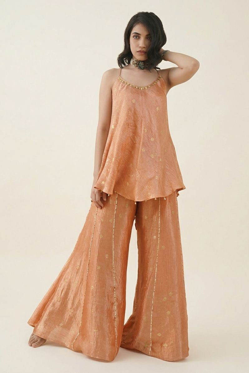 Peach Gold Crushed Tissue Fabric with Gold Zari Floral Motifs