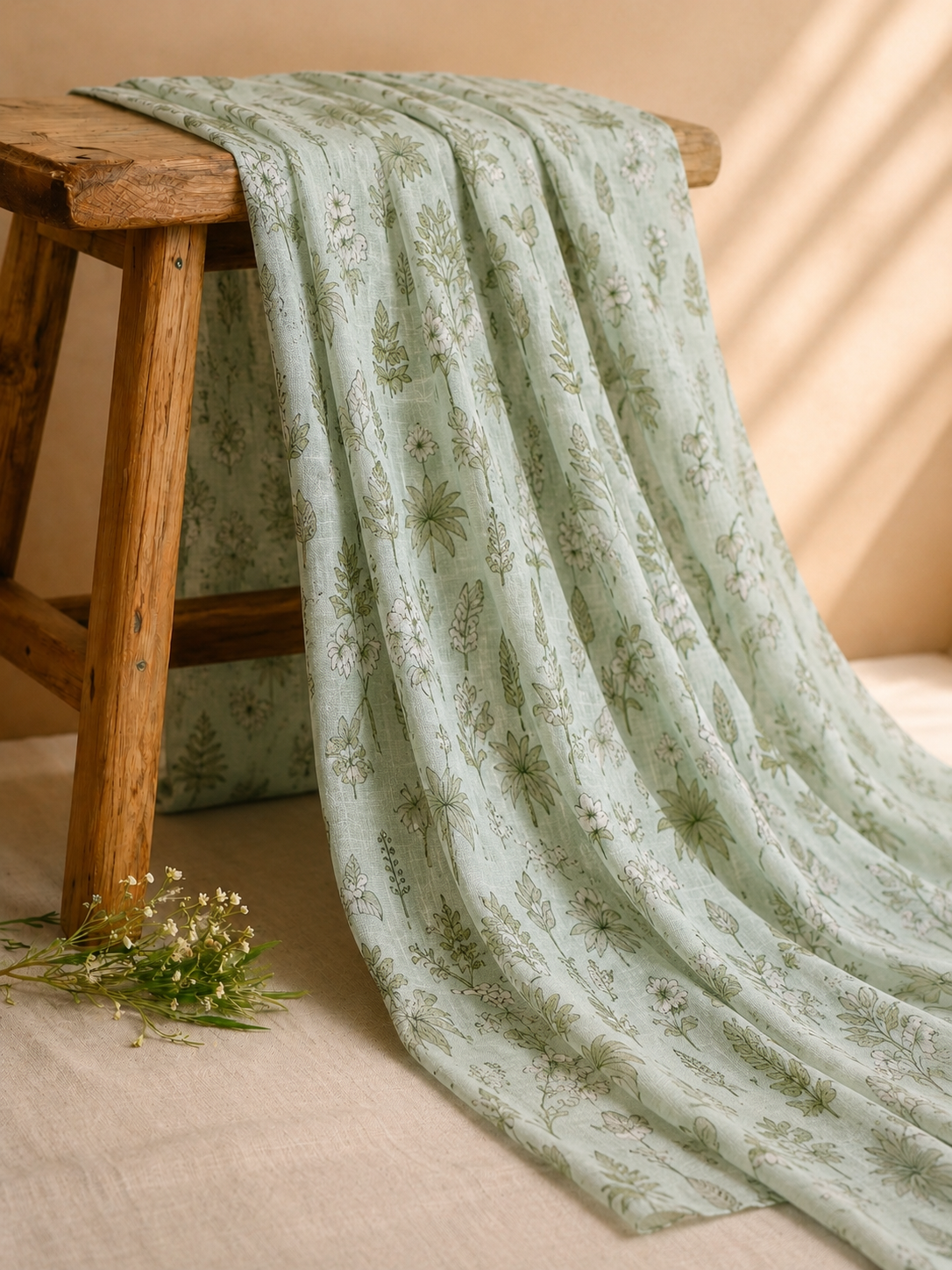 Mint Green Linen Printed Fabric with Botanical Motifs