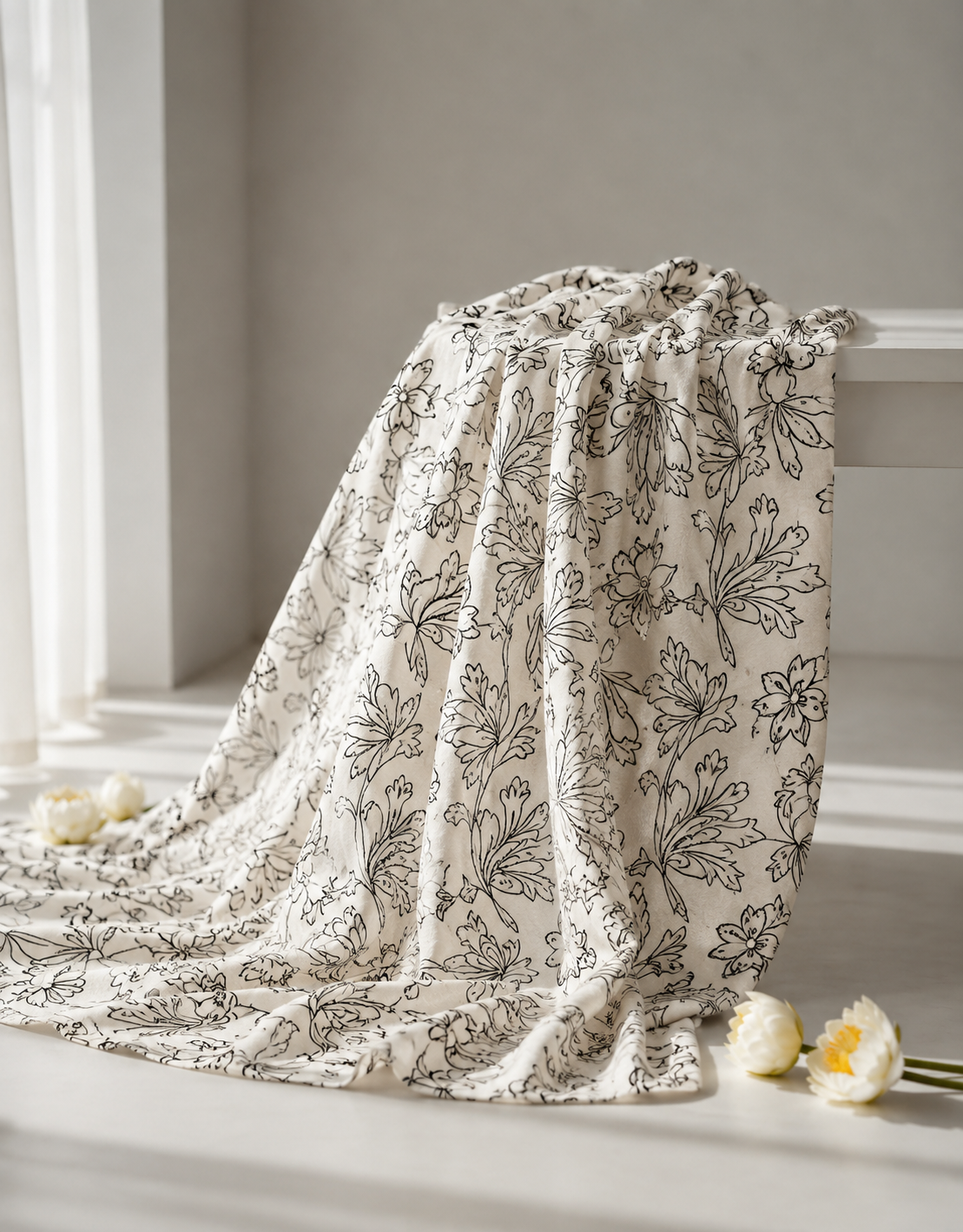 Pure Chanderi Silk Fabric With Black Hand Block Prints