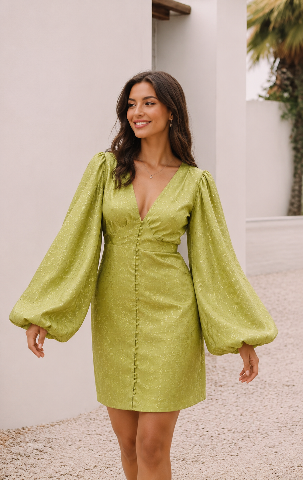Lime Green Mul Embroidered Fabric