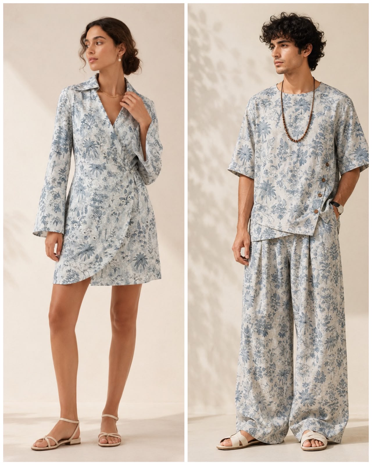 Pastel Blue Linen Printed Fabric with Botanical Garden Motifs