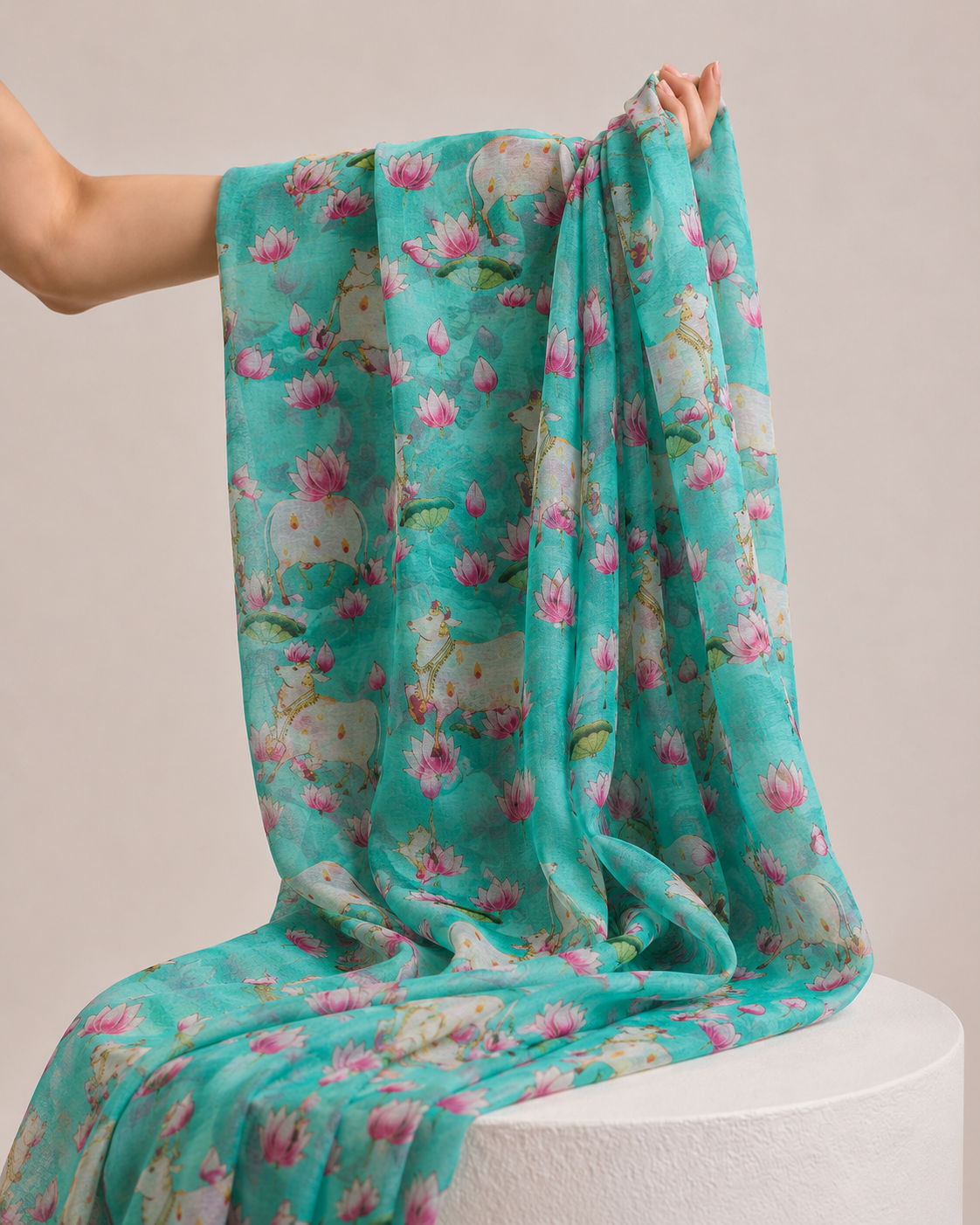 Turquoise Blue Mul Pichwai Prints Fabric