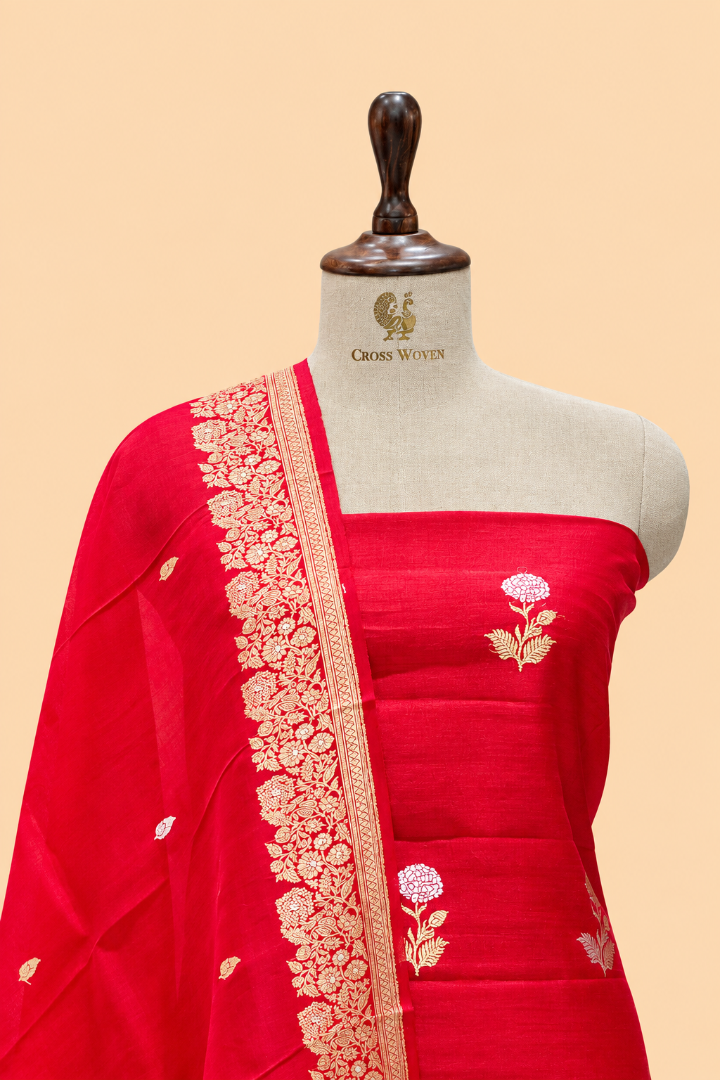 Red Pure Chiniya Silk Suit Set with Organza Dupatta