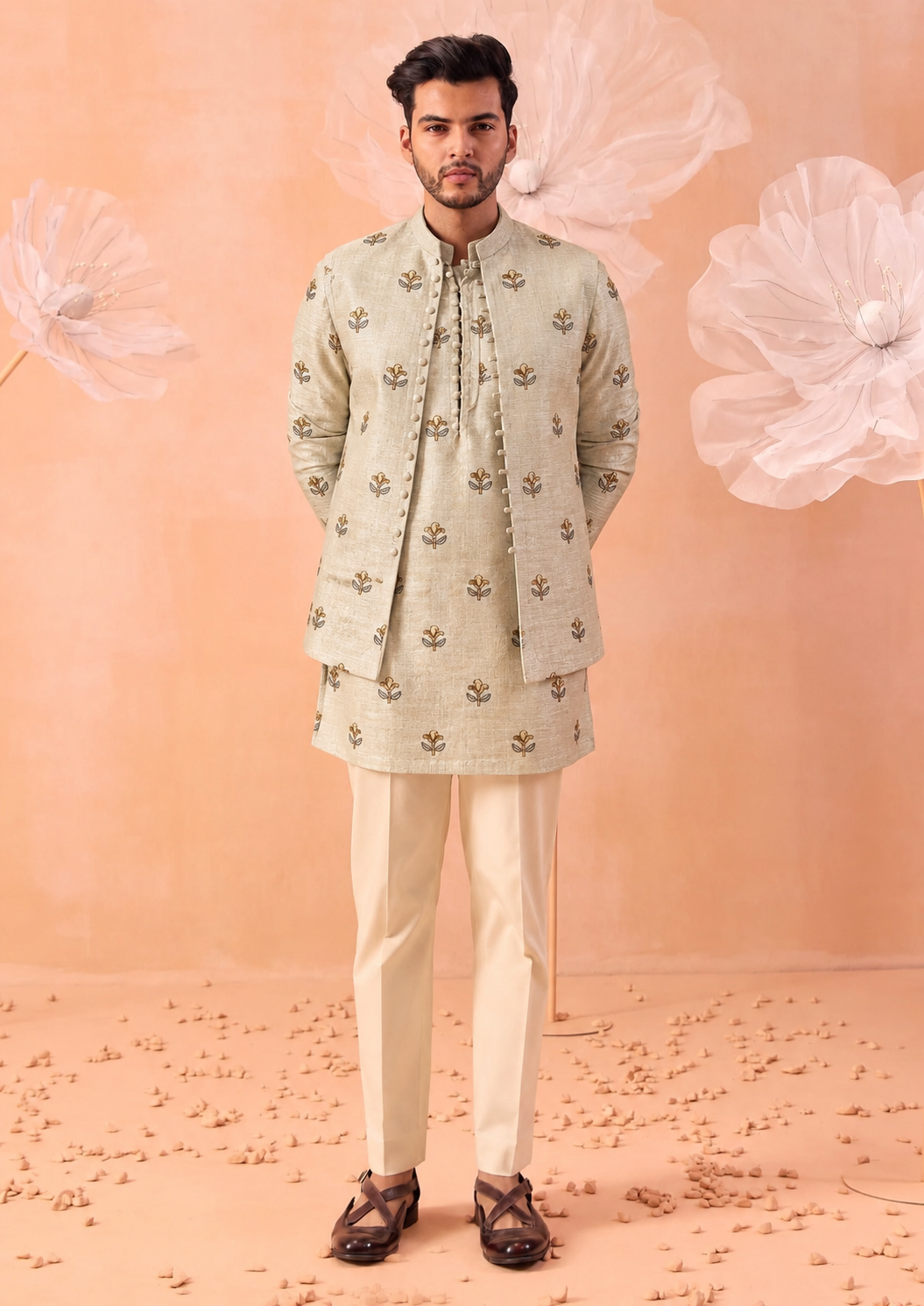 Ivory-Beige Pure Tussar Natural Floral Embroidered Fabric