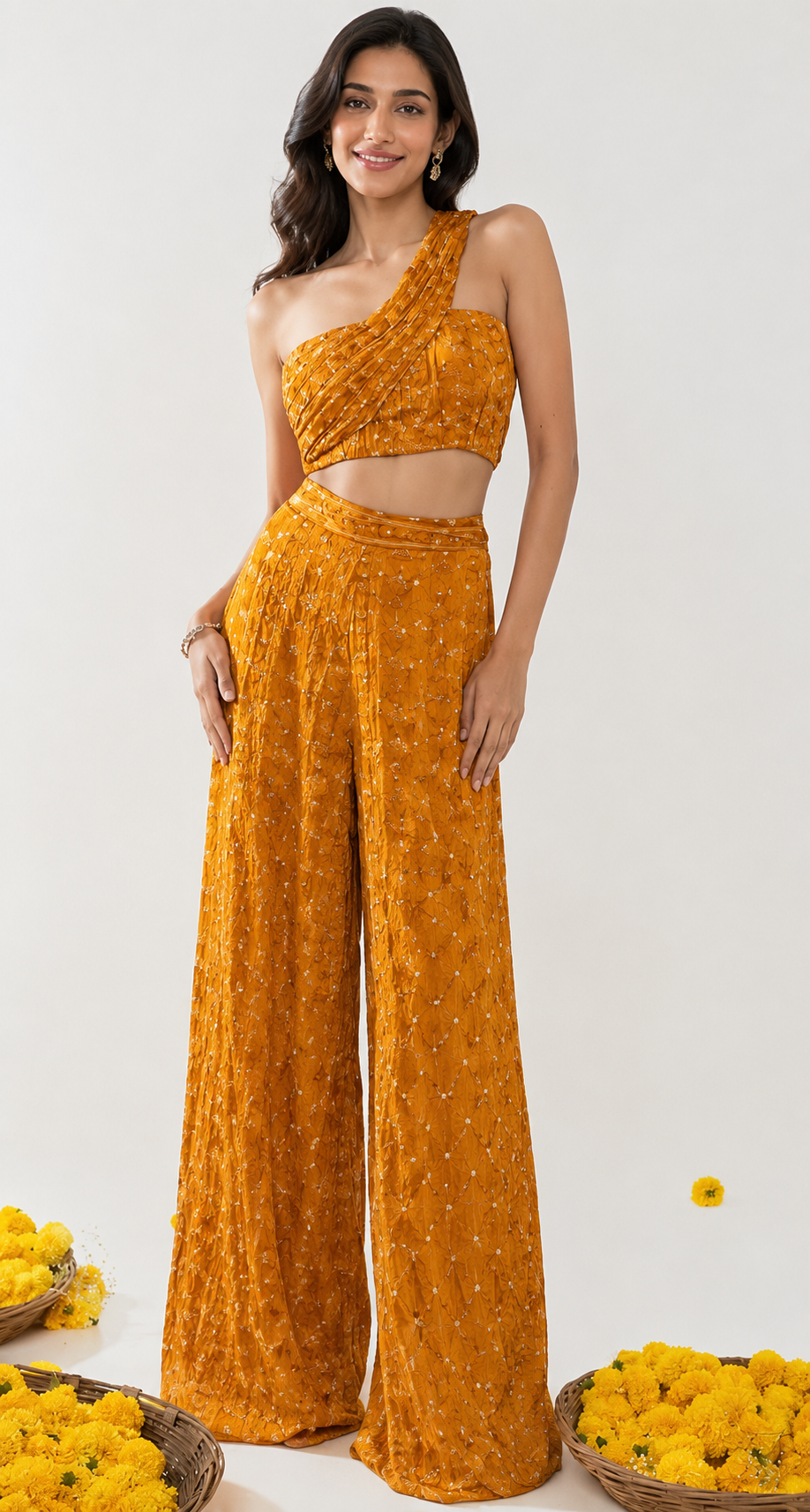 Yellow Chiniya Silk Fabric With Bandhani
