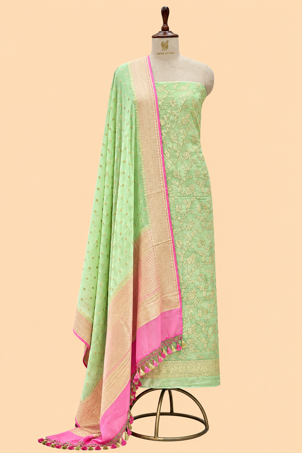 Pastel Green Pure Georgette Suit Set with Contrast Border Dupatta