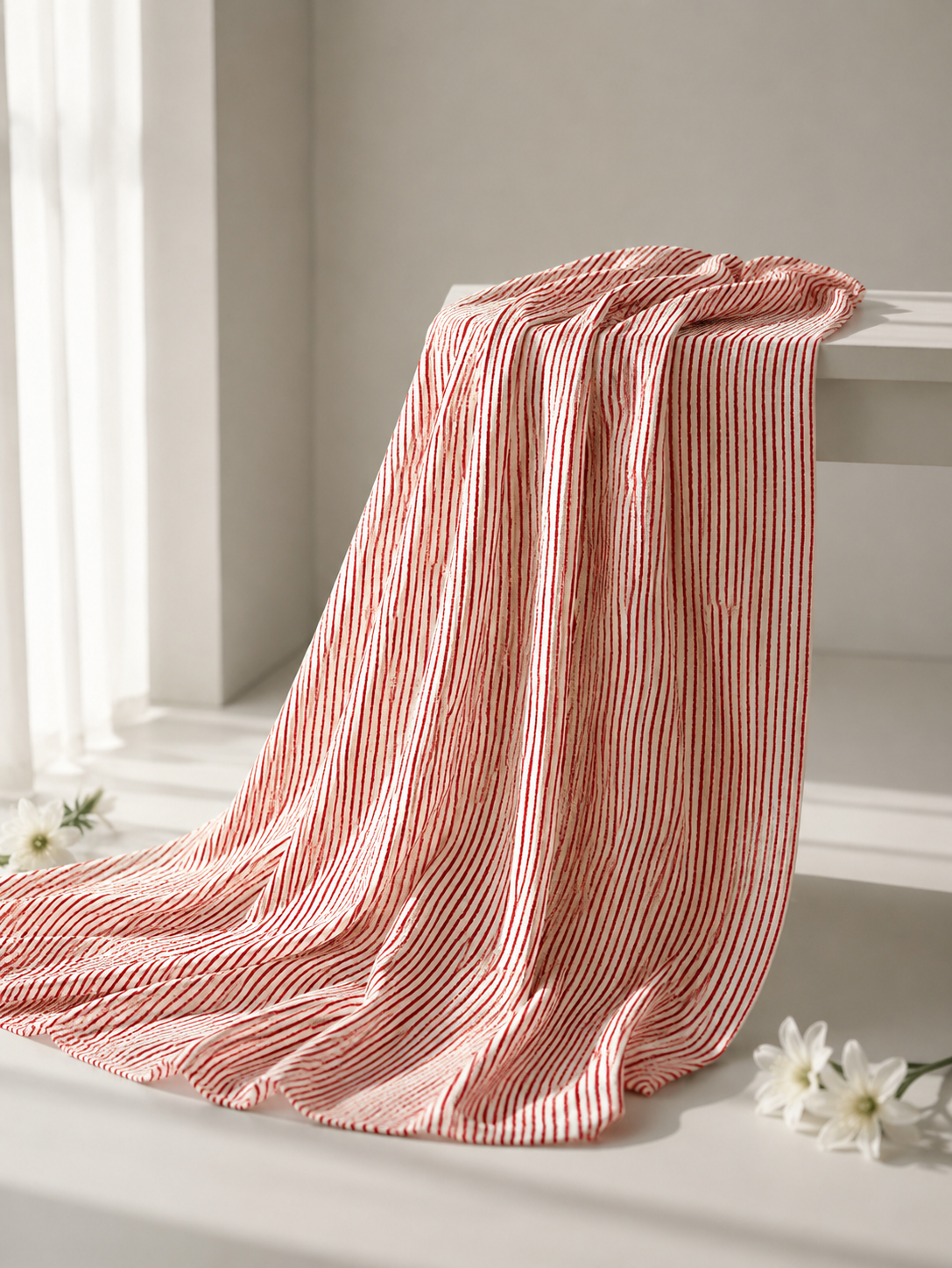 Pure Chanderi Silk Fabric With Red Hand Block Prints