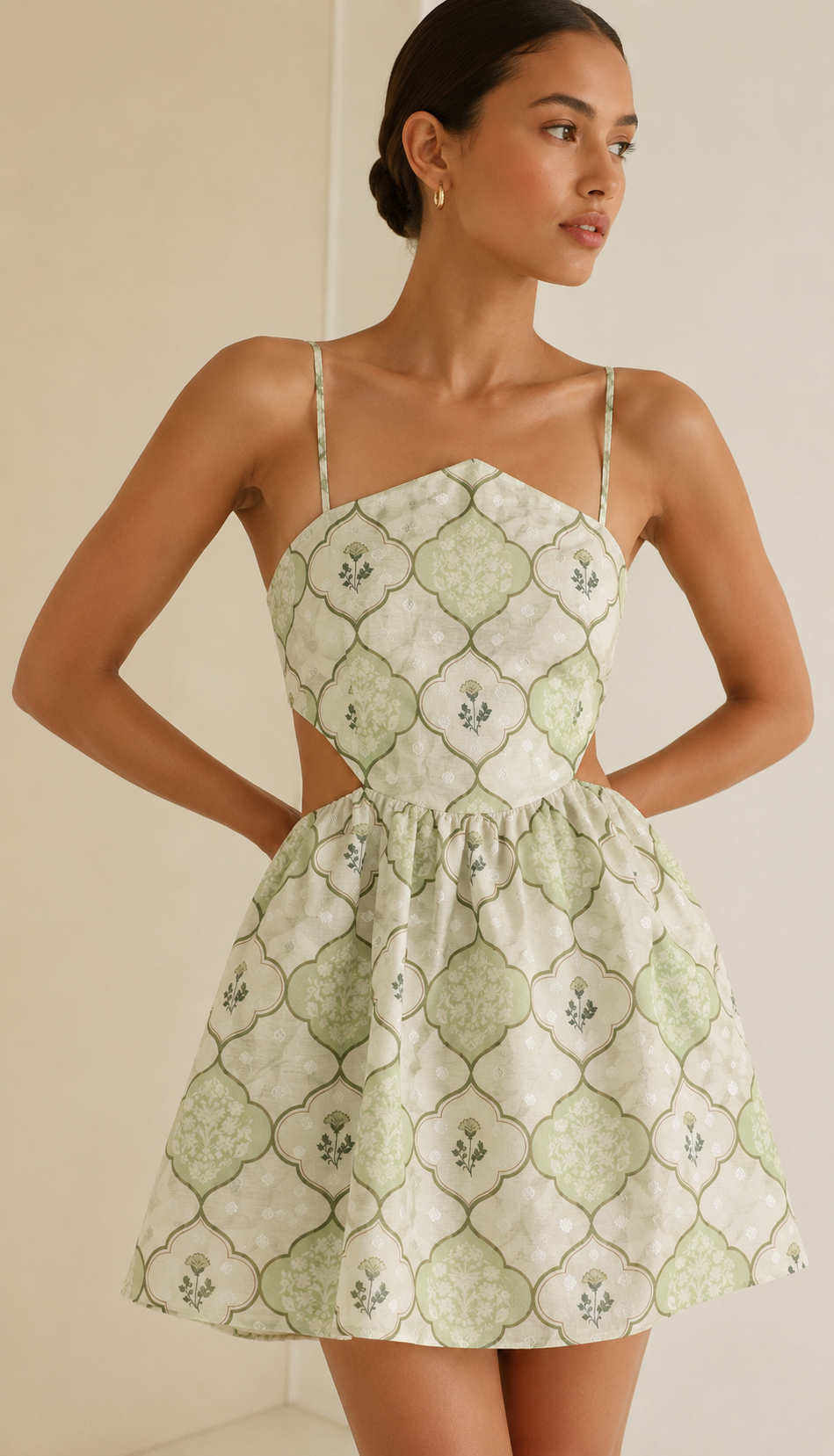 Pistachio Green Geometric Mul Weaving Silk Fabric