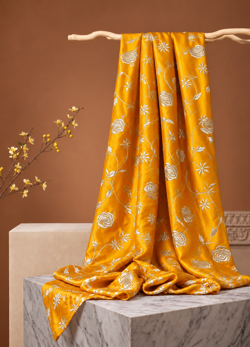 Mustard Yellow Muslin Fabric With Parsi Embroidery