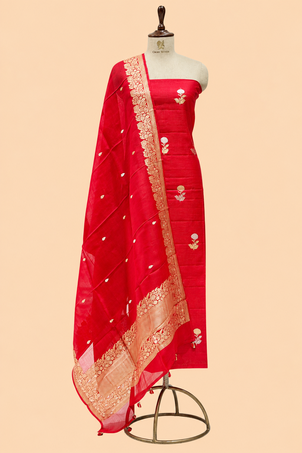 Red Pure Chiniya Silk Suit Set with Organza Dupatta