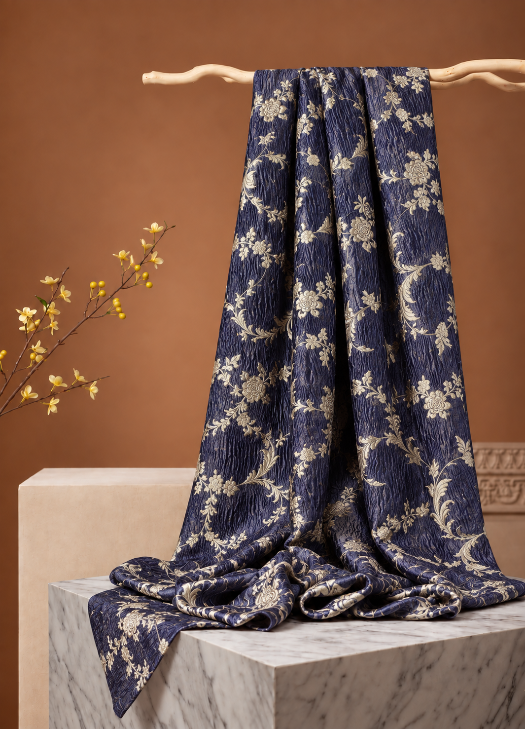 Royal Blue Floral Crush Tissue Silk Fabric