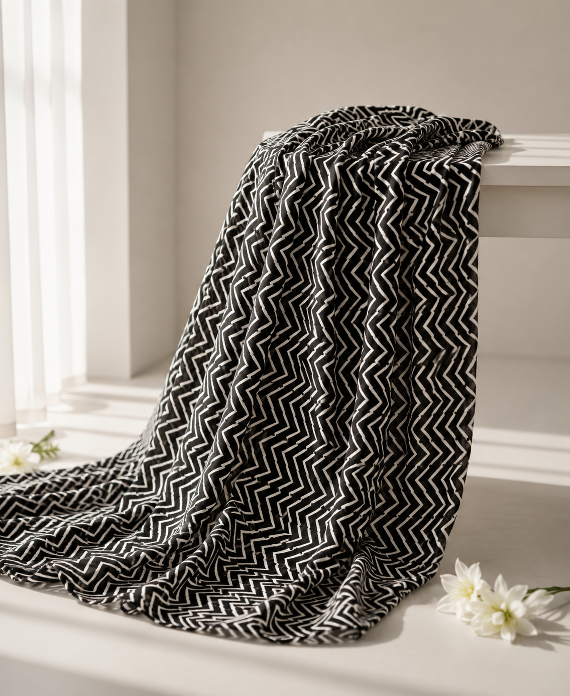 Pure Chanderi Silk Fabric With Black Hand Block Prints
