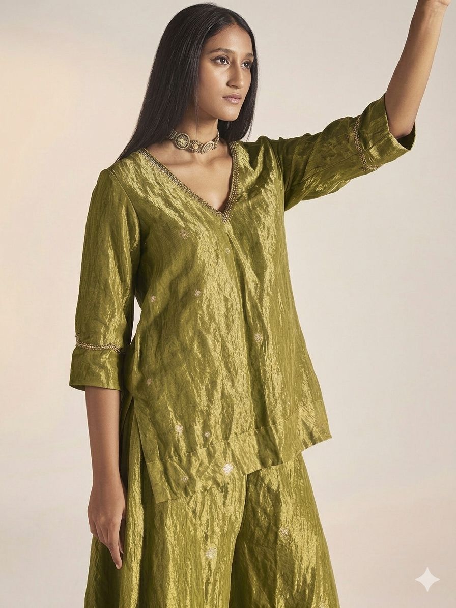 Olive Gold Crush Tissue Fabric with Gold Zari Polka Motifs