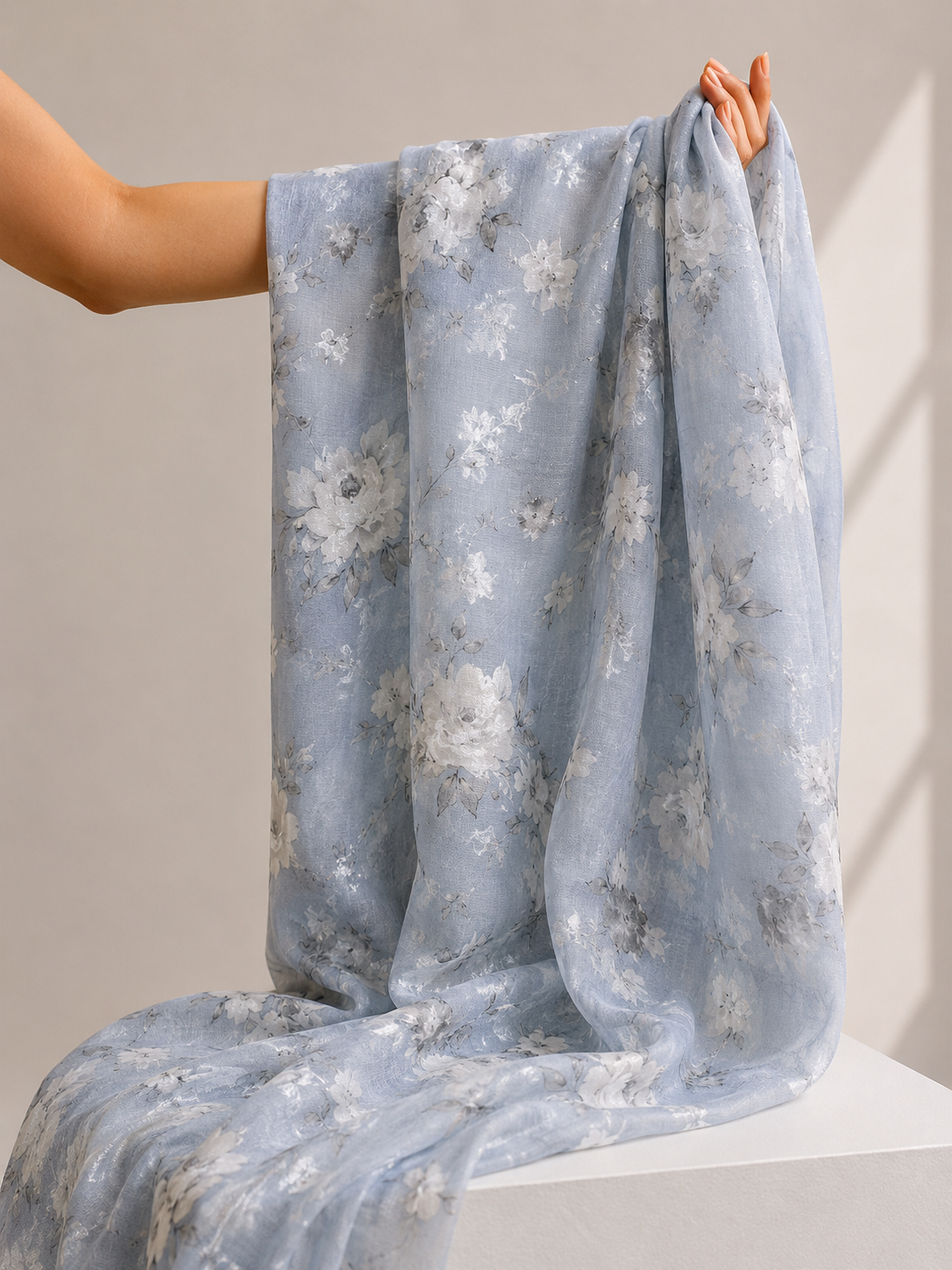 Powder Blue Floral Mul Weaving Fabric