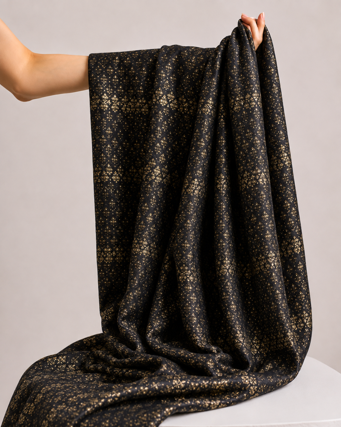 Black Soft Silk Fabric with Floral Booti