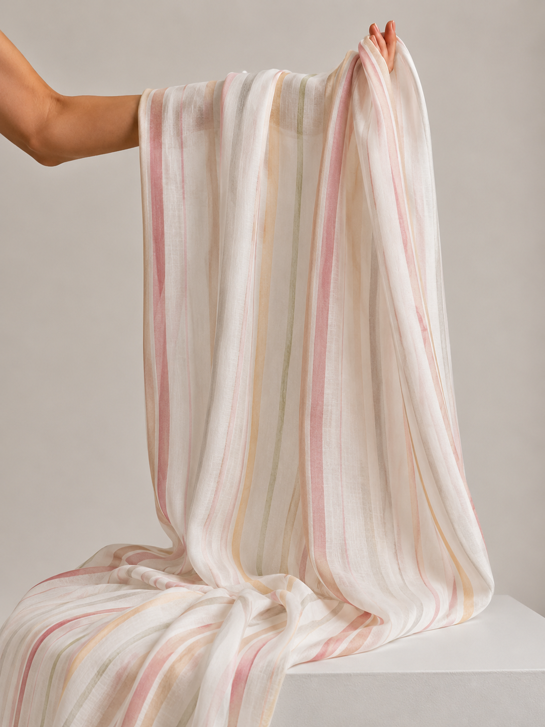 Ivory Pastel Stripe Mul Cotton Printed Fabric