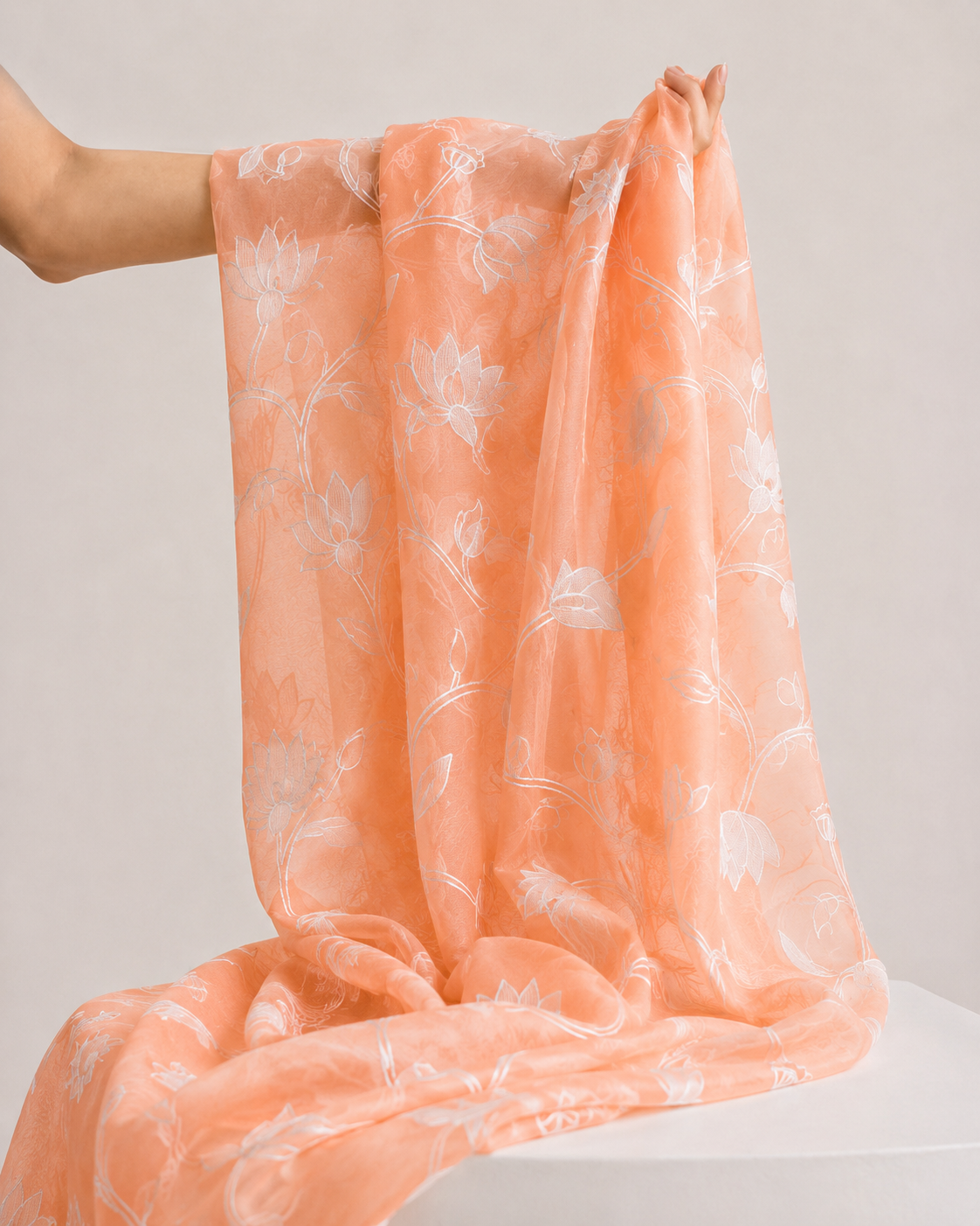 Peach Mul Fabric With White Appliqué Work