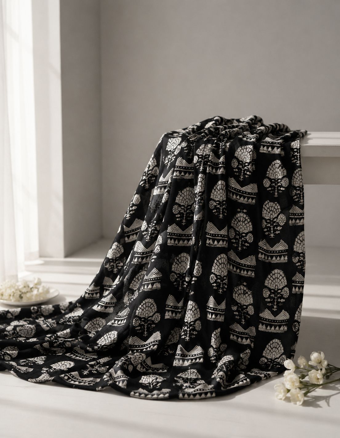 Black Chanderi Silk Fabric With Hand Block Print