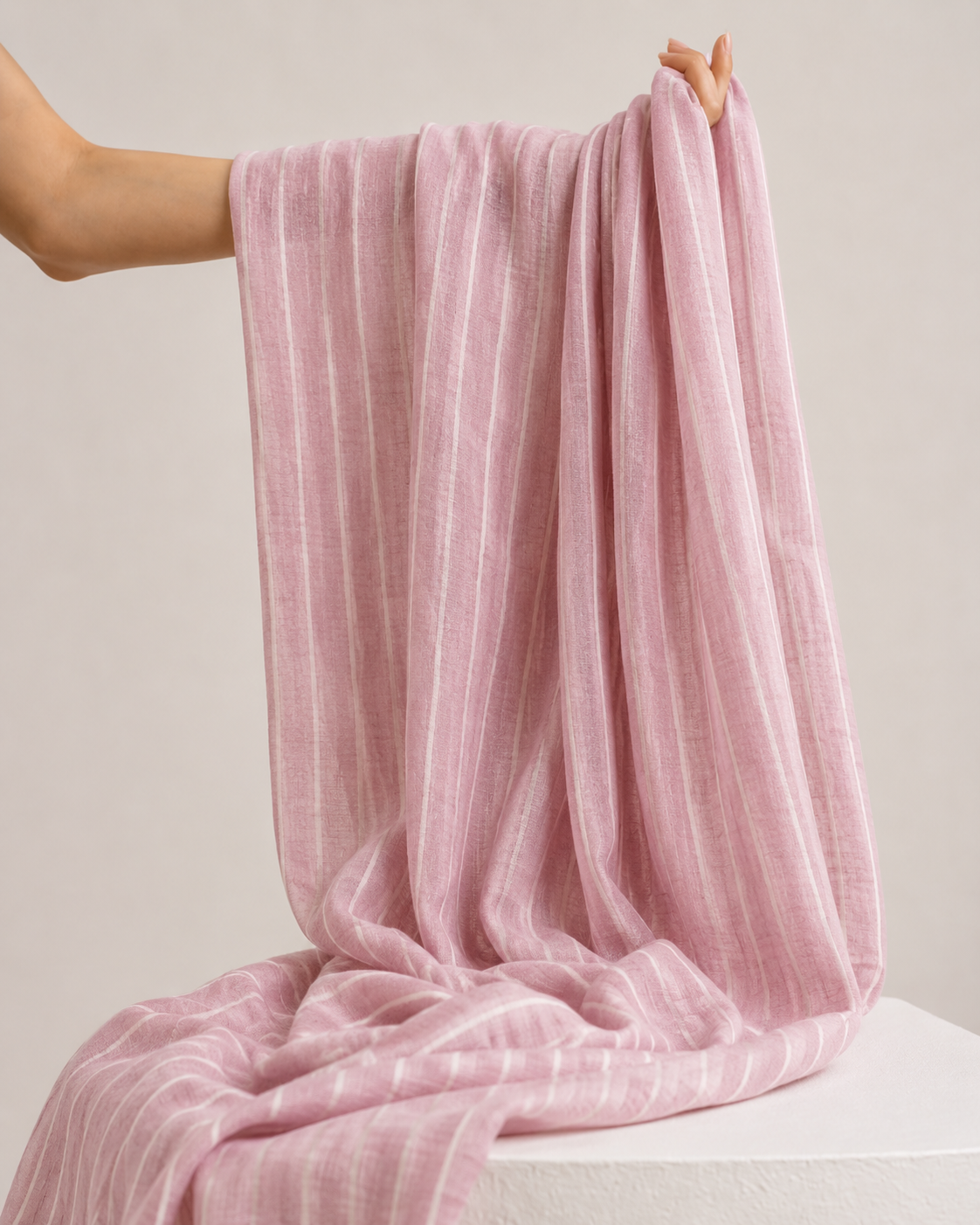 White & Pink Striped Mul Fabric