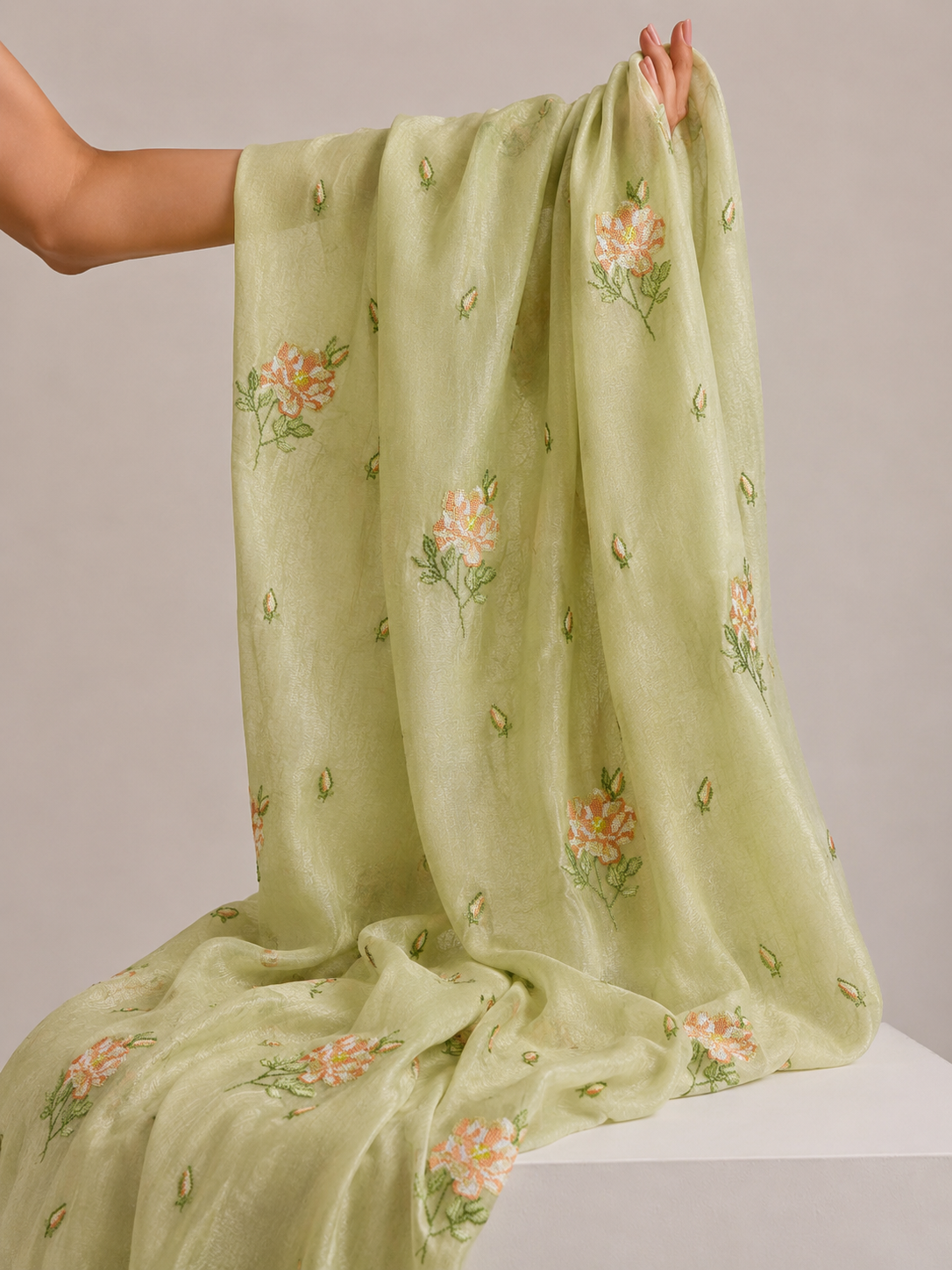 White Mul Fabric with Pink Floral Embroidered Pattern