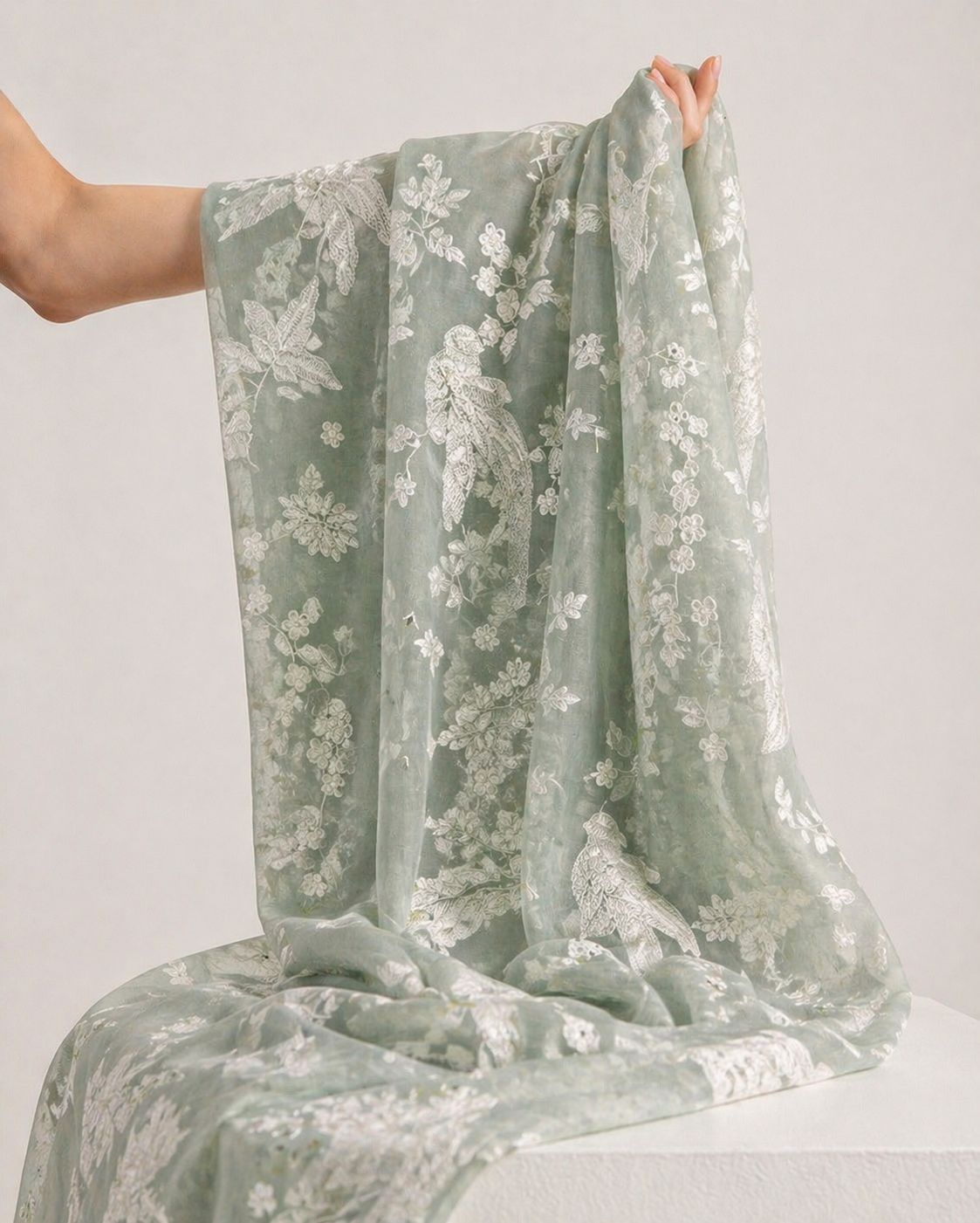 Sage Green Mul Fabric with Parsi Gara Embroidered Pattern