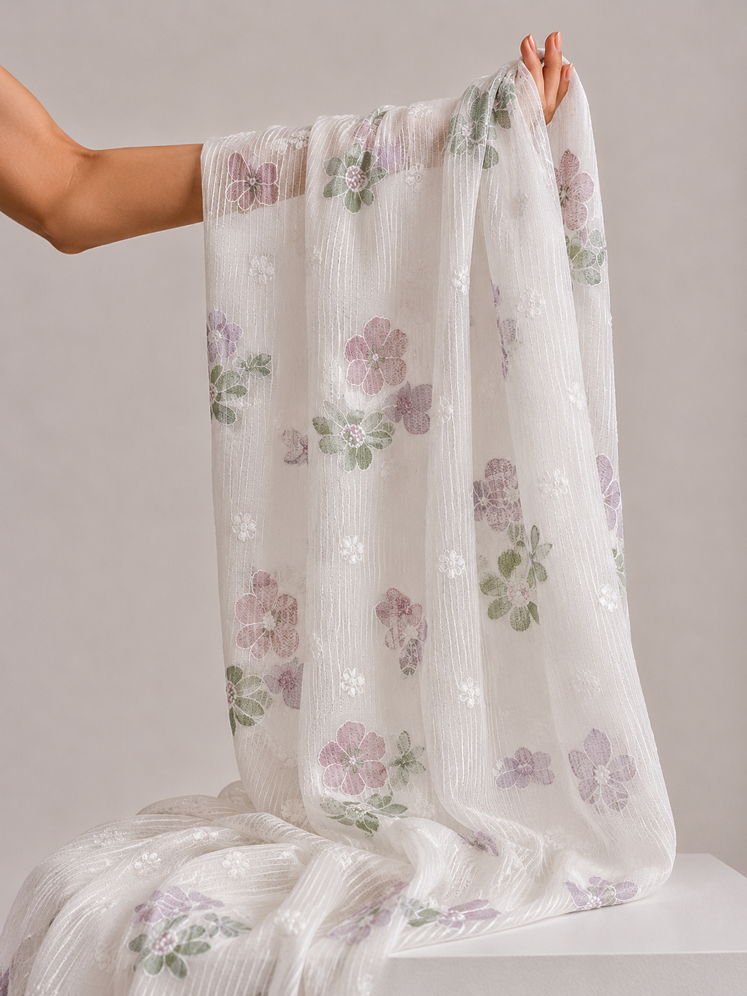 White Mul Fabric with Pastel Floral Embroidery & Woven Self Stripes