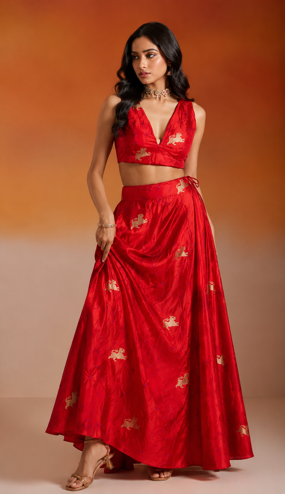 Red Chiniya Silk Bandhani With Lion Kadhwa Motif Fabric