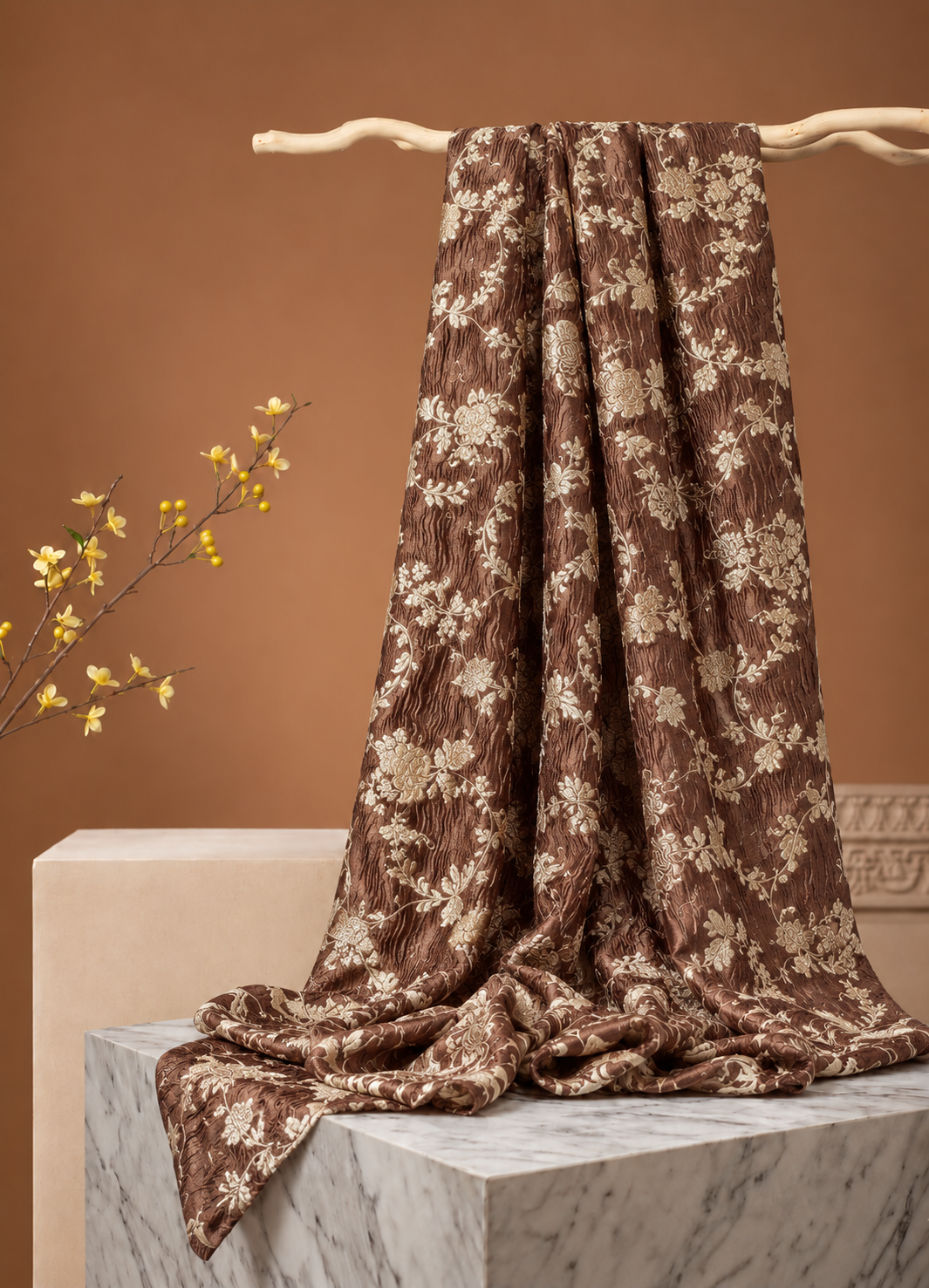 Copper Brown Floral Crush Tissue Silk Fabric