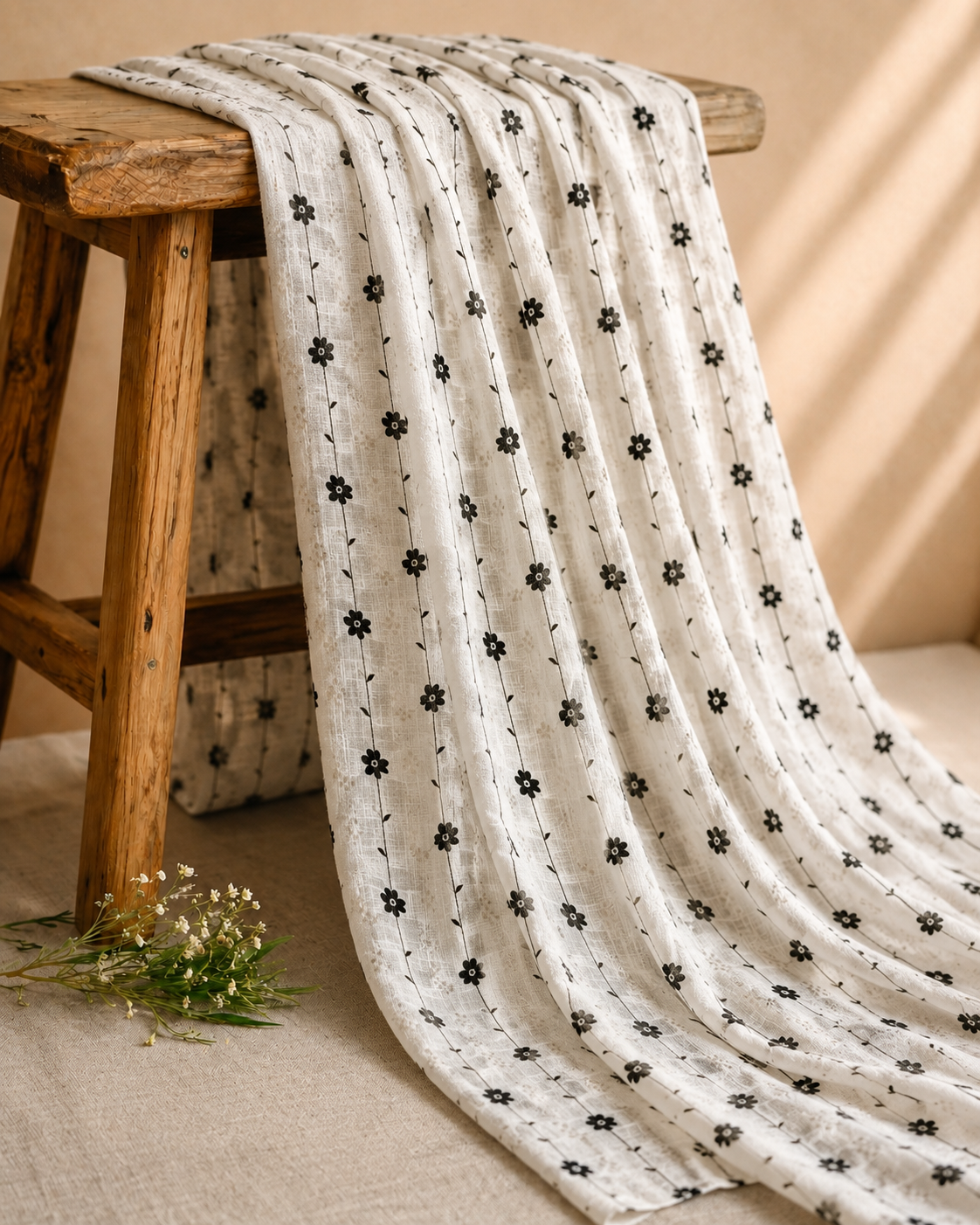 White Linen Printed Fabric with Delicate Floral Vine Stripes