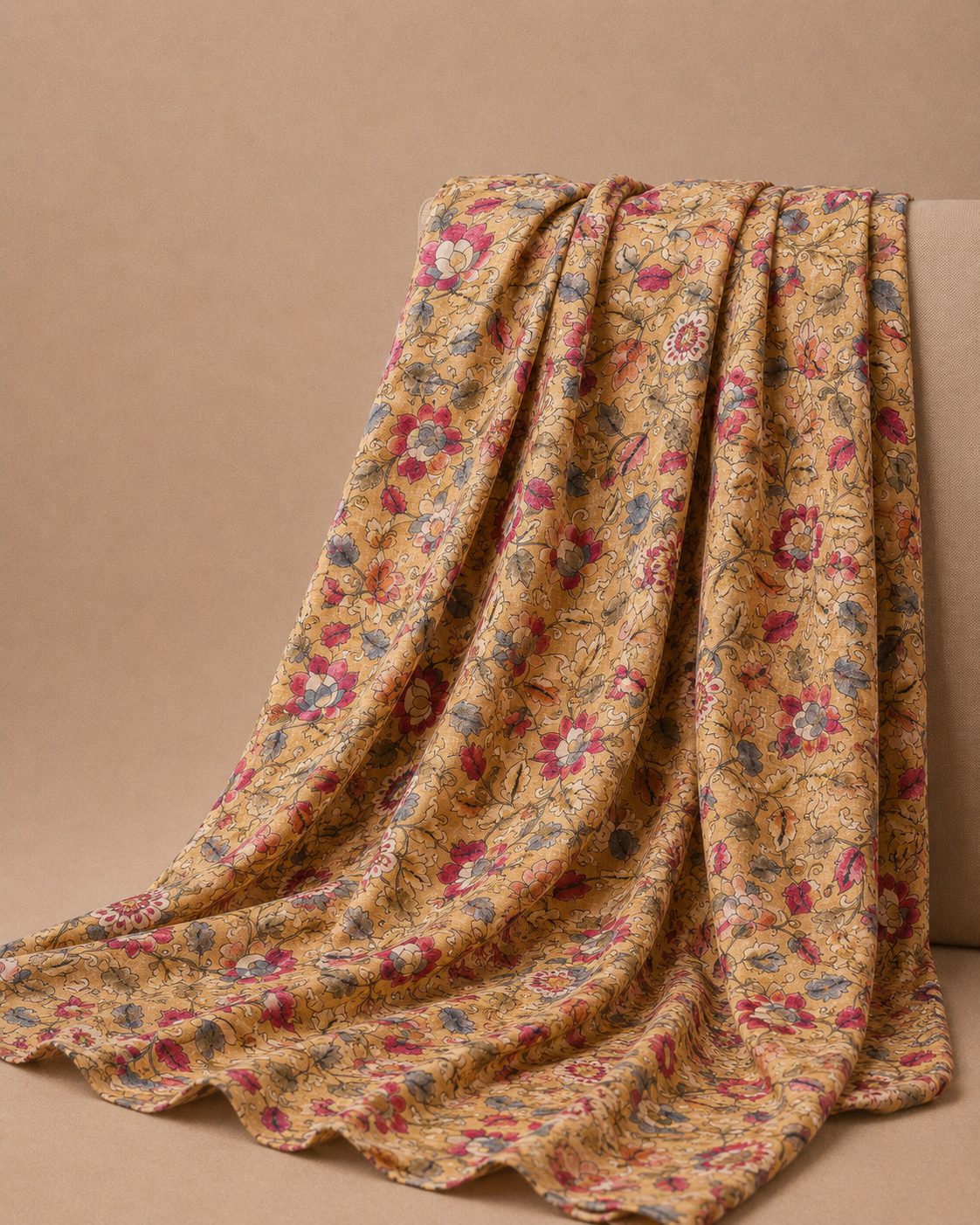 Mustard Gold Tussar Kalamkari Printed Fabric