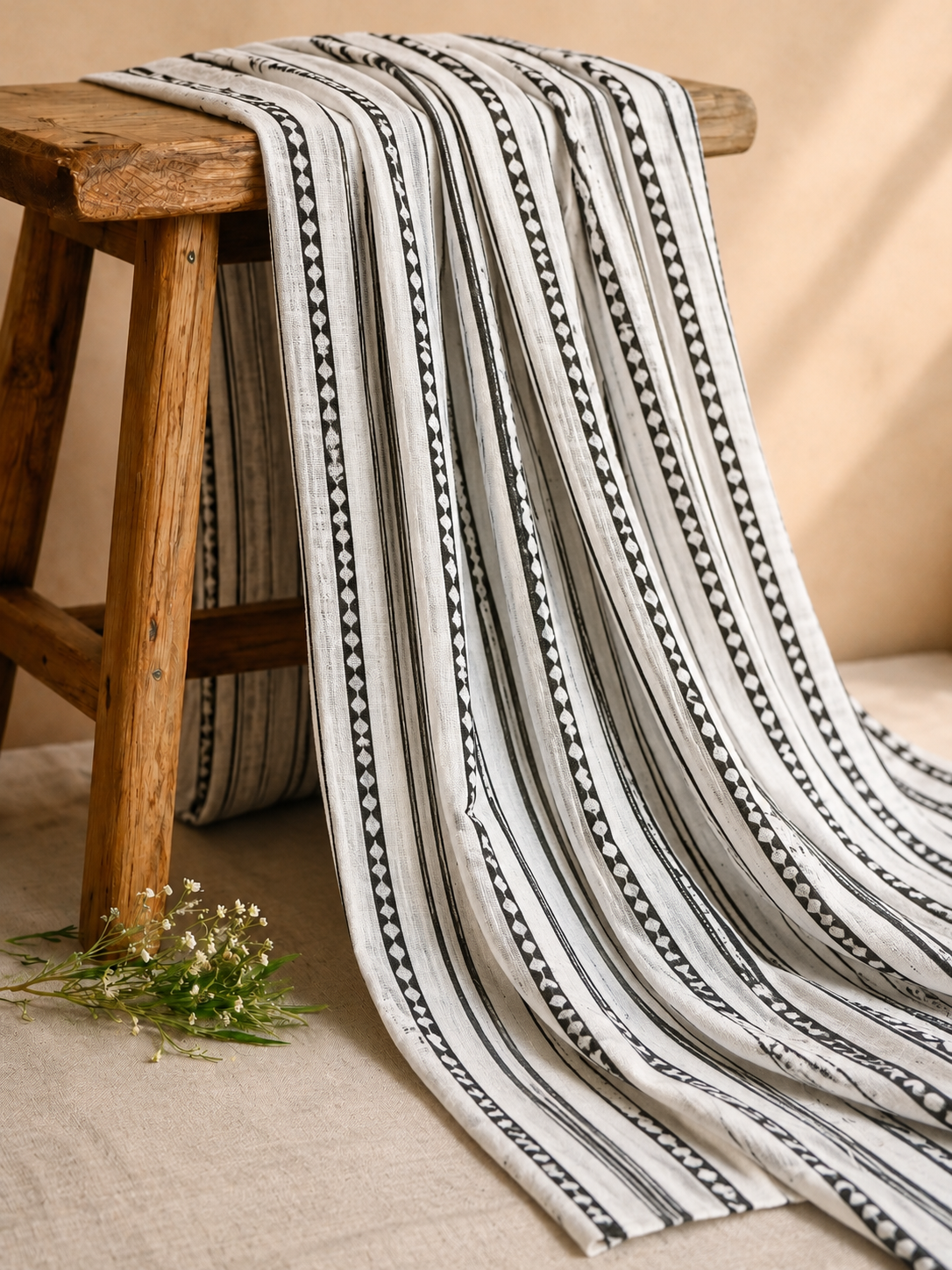 White Linen Fabric with Black Geometric Striped Design