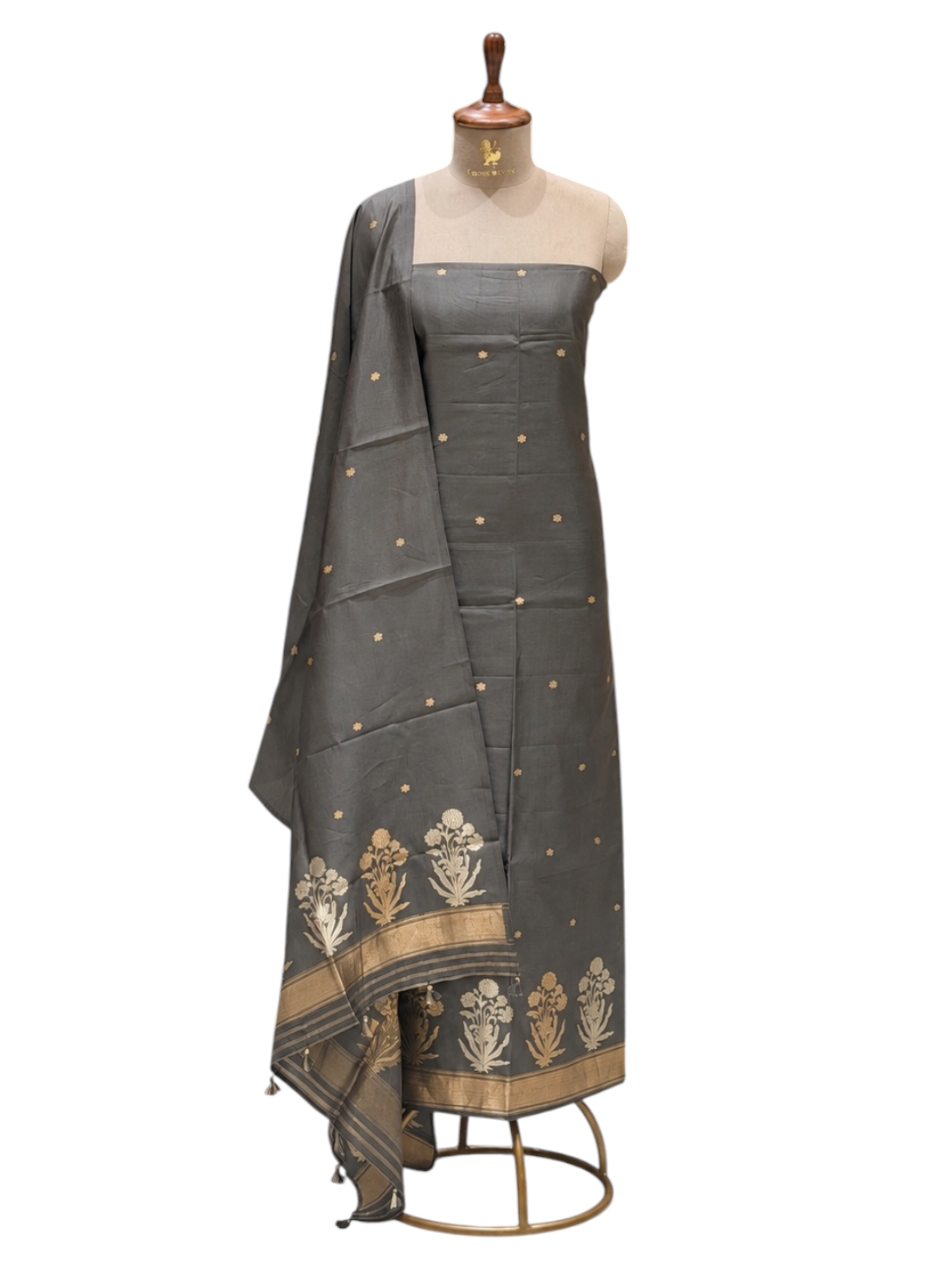 Grey Pure Silk Suit Set With Statement Bootas