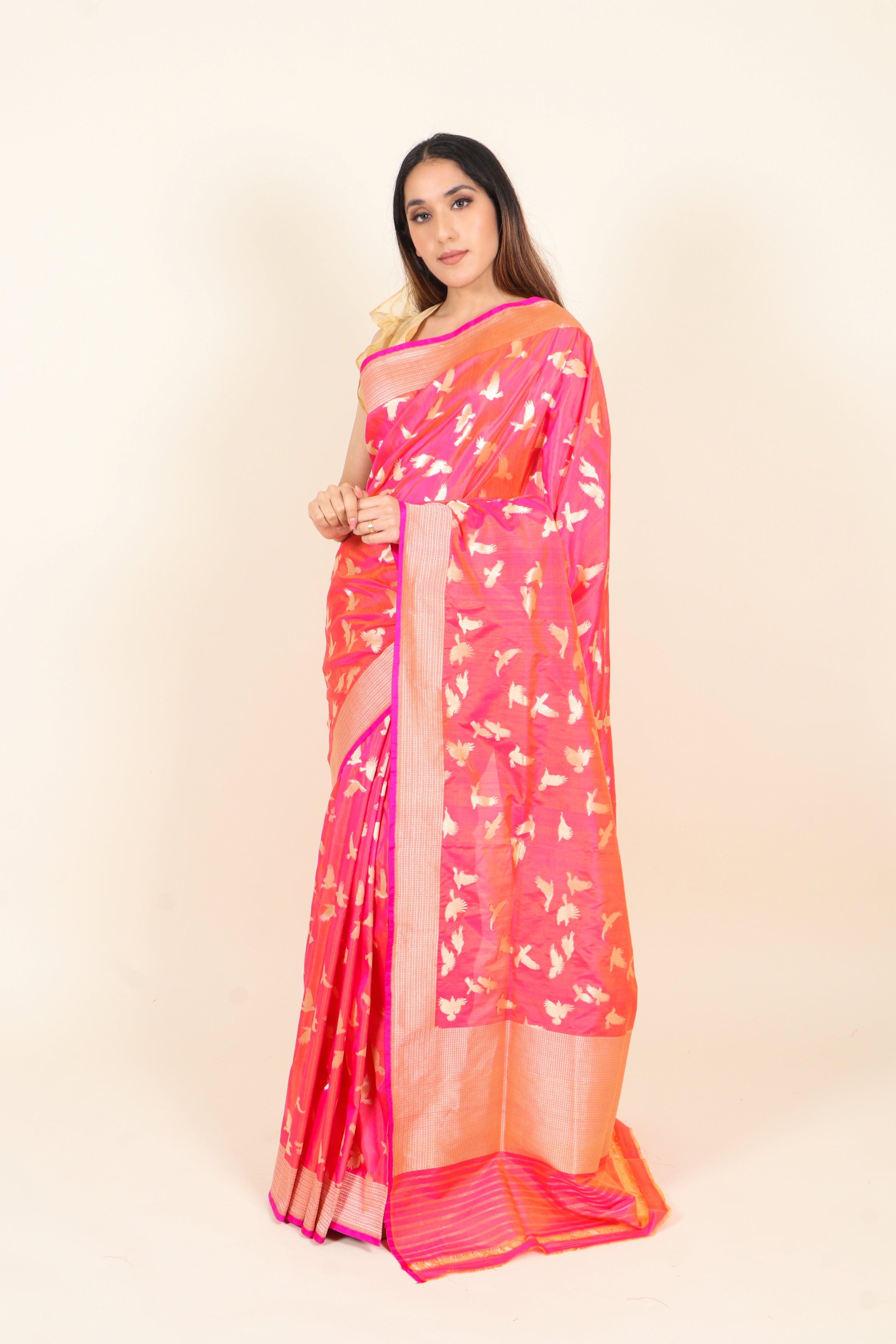 Dual Tone Pink/Orange Banarasi Pure Katan Silk Saree