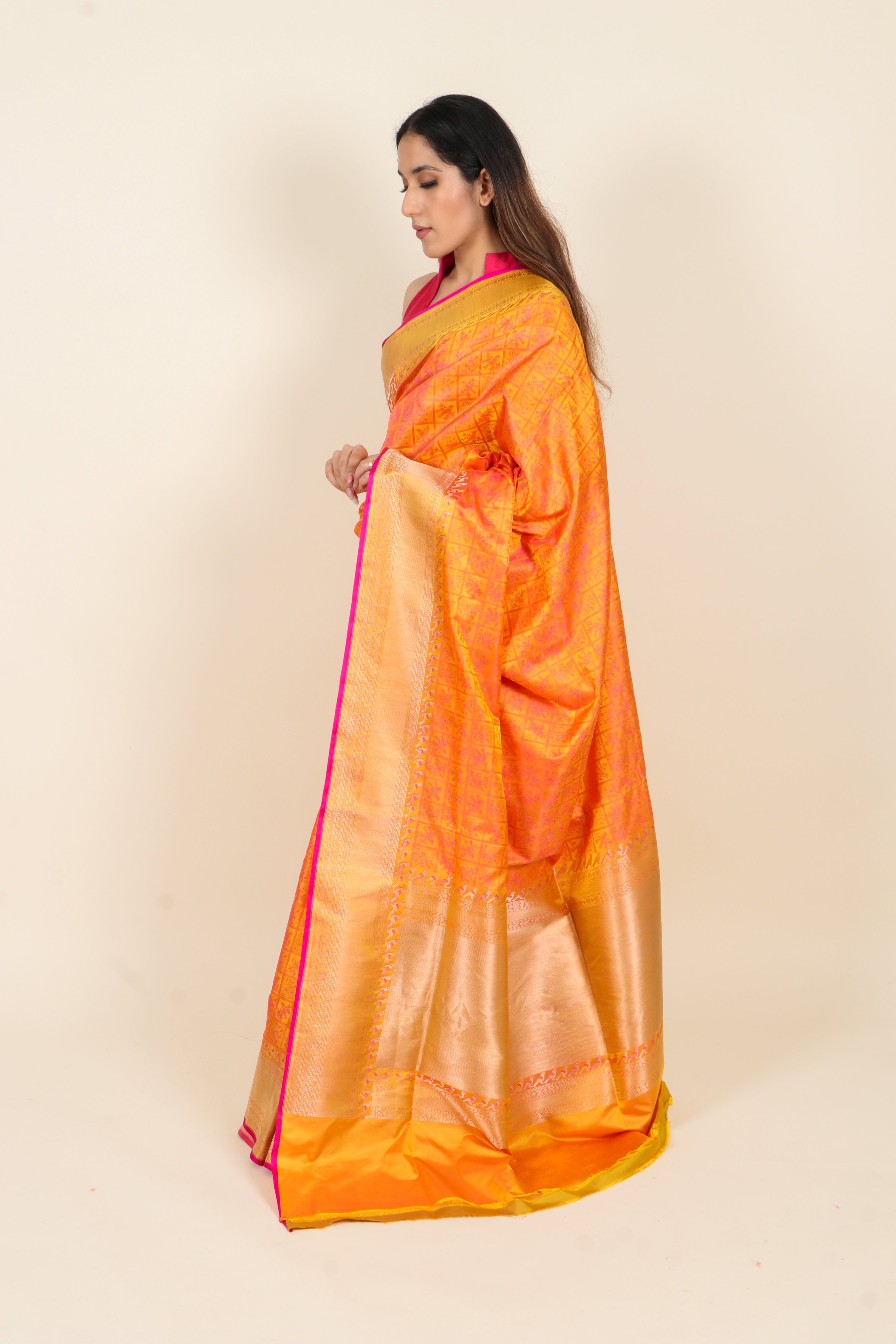 Dual Tone Orange/Pink Banarasi Pure Katan Silk Saree