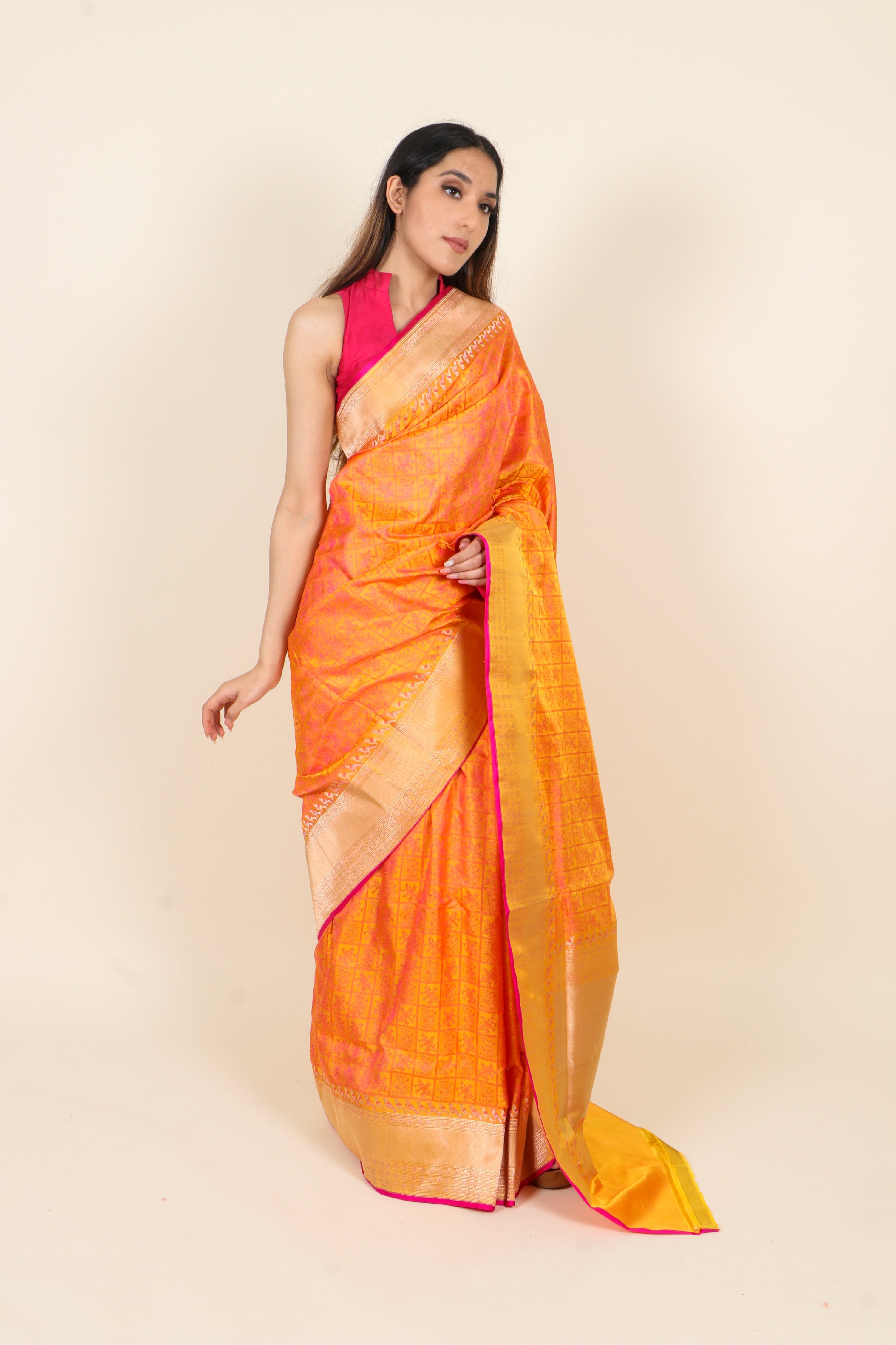 Dual Tone Orange/Pink Banarasi Pure Katan Silk Saree
