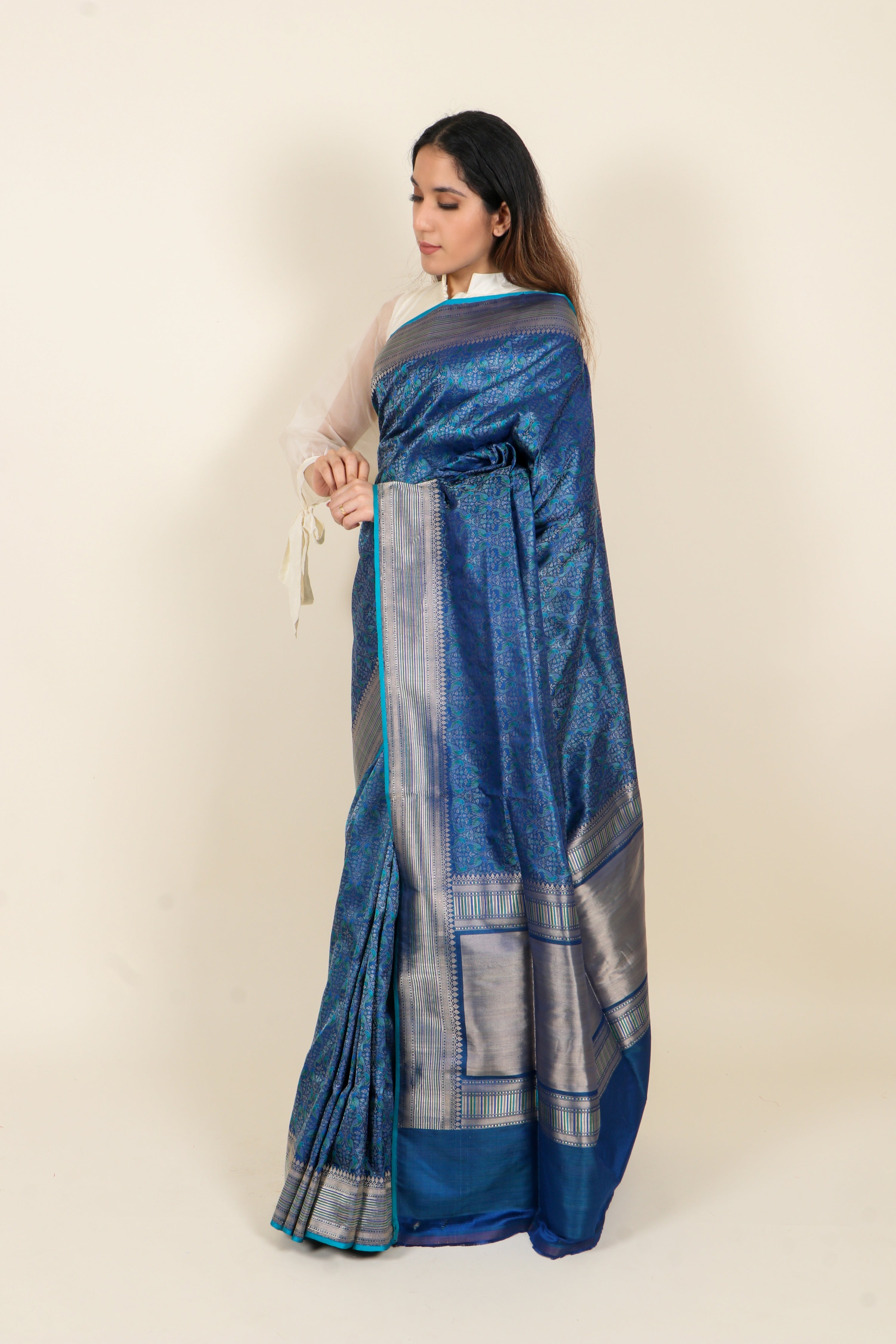 Deep Blue Pure Katan Silk Banarasi Tanchoi Saree